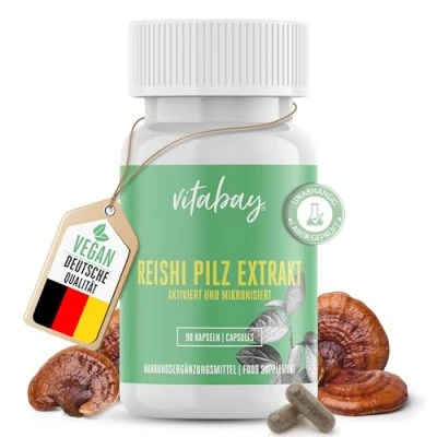 Abbildung von Vitabay Reishi Pilz Extrakt 500 mg 90 vegane Kapseln mit 35% aktive Polysaccharide Vitalpilz Laborgeprüft &amp; hergestellt aus hochwertigen Rohstoffen