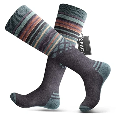 Abbildung von OutdoorMaster 2 Paar Unisex Merinowolle Skisocken für Damen &amp; Herren, Winter Snowboarding Atmungsaktive thermische Socken Outdoor Sportarten mit Über die Wade Design/Anti Rutsch Bündchen