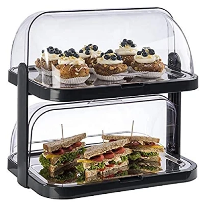 Abbildung von APS 9204 Buffetvitrine „Doppeldecker“ 2 beidseitig aufklappbare, transparente Rolltophauben, Edelstahl Tabletts, 4 Kühl Akkus, platzsparend lagerbar Made in Germany, Schwarz
