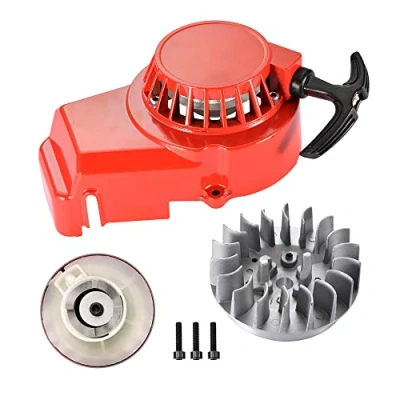 Abbildung von GOOFIT rot Spiraldruckfedern Kickstarter Zubehör Legierung Rückstoß Seilzugstarter mit Schwungscheibe Schwungrad Ersatz für 2 Takt 47cc 49cc Pocketbike Dirtbike Mini ATV Moto Quad Go Kart