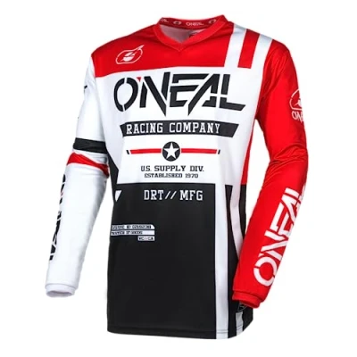Abbildung von O&#039;NEAL Motocross Jersey Langarm MX Enduro Gepolsterter Ellbogenschutz, V Ausschnitt, atmungsaktiv Element Warhawk V.24 Erwachsene Schwarz Weiß Rot Größe L