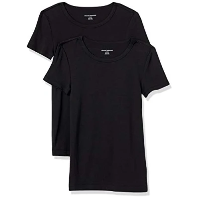 Abbildung von Amazon Essentials Damen Kurzärmeliges T Shirt mit Rundhalsausschnitt, Schmale Passform, 2er Pack, Schwarz, XS