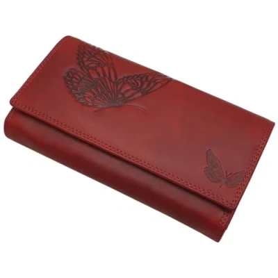 Abbildung von Große Rindleder Damen Geldbörse/Geldbeutel/Portemonnaie/Geldtasche mit Schmetterling Motiv oder ohne RFID &amp; NFC Schutz (Mit Motiv/Kirschrot)