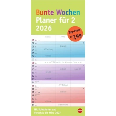 Abbildung von Bunte Wochen Planer für 2 2026: Praktischer Wandplaner zwei mit 3 Spalten. Wandkalender Schulferien und Monats Ausblick aufs Folgejahr. ... zum Eintragen. (Bunte Heye)