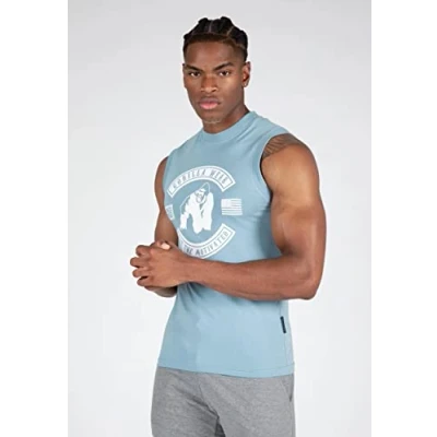 Abbildung von Gorilla Wear Tulsa Tank Top Blau Bodybuilding Sport Alltag Freizeit mit Logo Aufdruck leicht und bequem für optimale Bewegung aus Baumwolle, 3XL