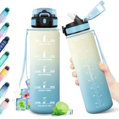 Abbildung von Wasserflasche 1000ml, mit Strohhalm, Motivierende Trinkflasche, Auslaufsicher &amp; Zeitmarkierung, BPA frei, Sportflasche für Kinder, Sport, Schule, Fitness, Wandern, Fahrrad, Outdoor