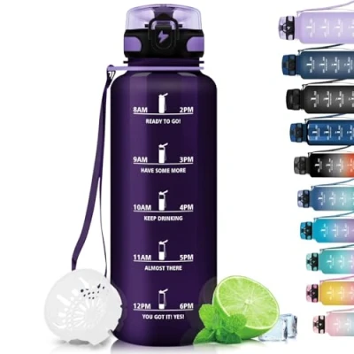 Abbildung von Grsta Trinkflasche 1.5 L Sport, BPA Frei, Kohlensäure Geeignet, Auslaufsicher, Wasserflasche mit Filter und Zeitmarkierung für Fitness, Gym, Schule Outdoor