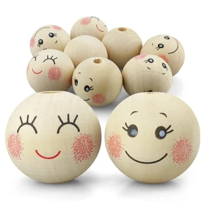 Abbildung von Netuno 8x Holz Kugeln mit Gesicht smiling face 30 mm Natur runde Bastel Perlen Loch für Makramee Schmuck Deko zum Dekorieren Basteln Holzperlen Augen
