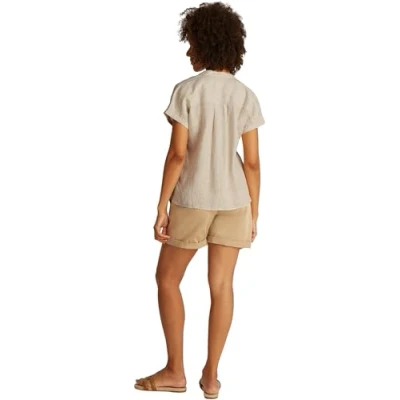 Abbildung von Tommy Hilfiger Damen Bluse Linen Collarless Kurzarm, Mehrfarbig (Classic Ithaca/ Sandalwood), 40