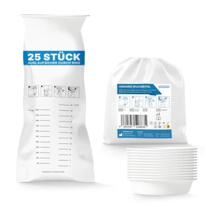 Abbildung von 25x ARNOMED Spuckbeutel, LDPE Kotztüten flüssigkeitsdicht, Spuckbeutel mit Ring auslaufsicher, Spucktüten 2000ml, Kotzbeutel für Reise &amp; Schwangerschaftsübelkeit, Brechbeutel Kinder Erwachsene