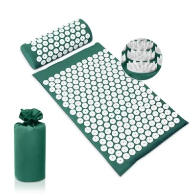 Abbildung von BULZEU Akupressurmatte mit Kissen, Akupressur Set gegen Nacken und Rückenschmerzen, Akupunkturmatte Acupressure Mat Massagematte zur Wohltuenden Entspannung Massage (Dunkelgrün)