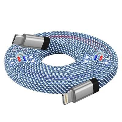 Abbildung von Magtame Light ning Kabel USB C 1.5M, Magnetisch iPhone Ladekabel, Spiralkabel Aufgerollt Flach Original MFi Zertifiziert Nylon Geflochten Blau für 14/13/13 Pro/12/12 Pro Max/11 SE