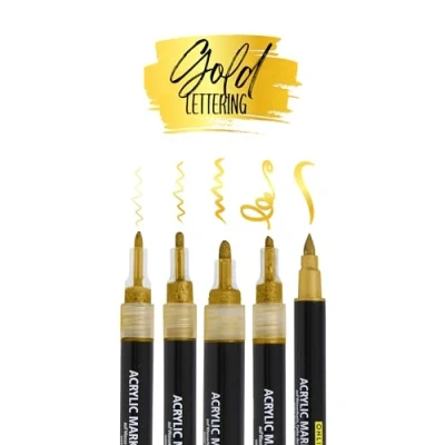 Abbildung von Online 5er Set Acryl Stifte Gold Stark deckend für Handlettering &amp; DIY I Brush Pen, Fineliner, Marker Metallic Projekte Papier, Glas, Holz, Stein, Stoff Vater und Muttertag