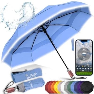 Abbildung von Royal Walk Regenschirm Taschenschirm Sturmfest Automatik Auf und Zu Winddichter Doppelverdeck Klein Stabil Schirm Reflektierend mit Luxuriösem Echtholzgriff für Damen Herren Umbrella