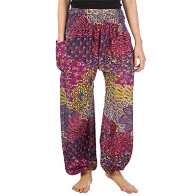 Abbildung von Lofbaz Damen Boho Haremshose Festival Outfit Sommerhose Leicht Yogahose Pumphose Hippie Hose Kleidung Sommer Hosen Peacock 3 Rosa M