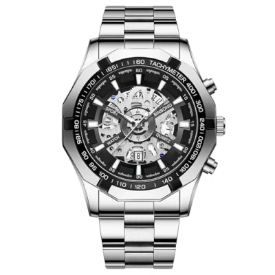 Abbildung von JewelryWe Herrenuhr Edelstahl Leuchtend Uhr: 30m Wasserdicht Kalender Analog Quarz Armbanduhr Herren Silber Edelstahlband Imitation Mechanische Skelett Uhr mit Achteckig Lünette &amp; Schwarz Zifferblatt