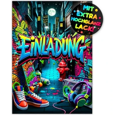 Abbildung von VULAVA 12x Graffiti EINLADUNGSKARTEN KINDERGEBURTSTAG Junge Mädchen die frech bunten Street PARTY Karten sind EINLADUNG für Jungen Kinder GEBURTSTAG Neon KINDERPARTY Gaming Skateboard