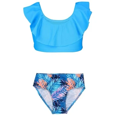 Abbildung von Aquarti Mädchen Bikini Set Bustier Bikinislip Zweiteiliger Badeanzug, Farbe: 037 Rüsche Bikinis Türkise Blätter Orange Blau, Größe: 164