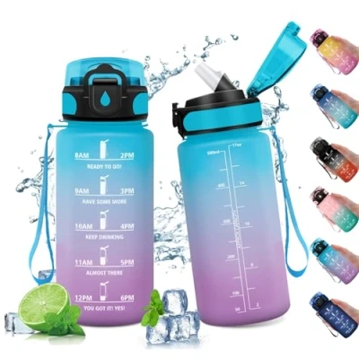Abbildung von Wasserflasche Sport 500ml, Motivierende Trinkflasche mit Zeitmarkierung, Auslaufsicher Strohhalm, Kohlensäure Geeignet, Sportflasche für Gym, Fitness, Büro, Schule, Yoga, Outdoor