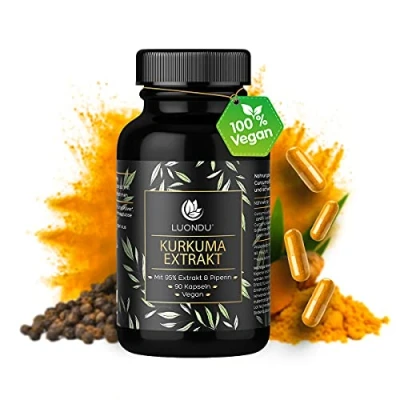 Abbildung von Kurkuma Kapseln 90 Curcuma Extrakt extra hochdosiert &amp; Vegan Bio Pulver, Piperin und schwarzer Pfeffer I Curcumin Gehalt enspricht 10.000mg 95%