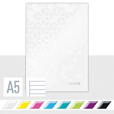 Abbildung von Leitz WOW Notizbuch A5 liniert, Hardcover, 160 Seiten, 80 Blatt FSC zertifiziertes Papier g/m², Hochwertiger laminierter Einband, Fadenheftung, Für Büro, Schule oder als Tagebuch, Weiß, 46271001