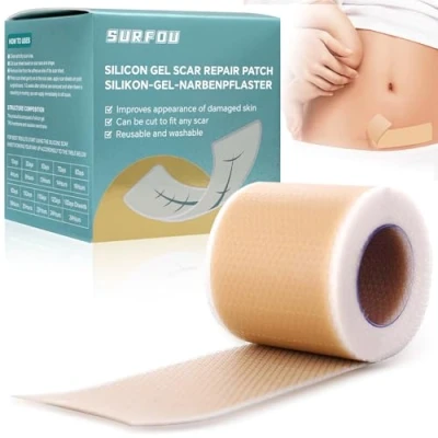 Abbildung von SURFOU Narbenpflaster Silicone Scar Tape, 4cm x 300cm Silikonpflaster Narben Silikon Pflaster Narbe Gel, Silicon Narbengel Entfernen Scars Removal Remover Tape Wiederverwendbar für Keloid Haut