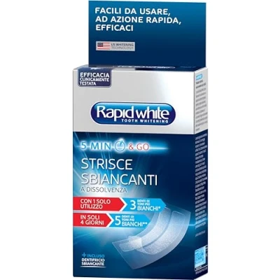 Abbildung von Rapid White Set mit 8 Aufhellungsstreifen, enthält Beschleuniger (6 ml), Beutel (2 Zahnstreifen pro Beutel), Zahnpasta Express (14 Minzgeschmack