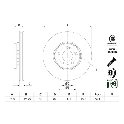 Abbildung von BOSCH 0 986 479 G34 Bremsscheibe 318 30 5 112 Verbundbremsscheibe, gelocht/innenbel. beschichtet legiert/hochgekohlt mit Schrauben