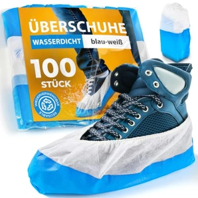 Abbildung von 100x Schuhüberzieher wasserdicht blau weiß von ISC Hygiene &amp; Safety Überschuhe Verstärkt Extra Stark &gt;9g Rutschfeste Überzieher für Schuhe Einheitsgröße, Überziehschuhe Einweg Mehrweg Galoschen