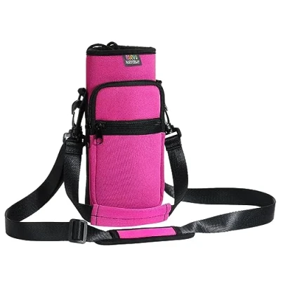 Abbildung von Nuovoware Flaschenhalter Trinkflasche Molle Beutel 750ml, Isolierte Neopren Kessel mit Schultergurt und Front Reißverschluss Tasche für Wandern Laufen Radfahren Jagd Reisen Magenta