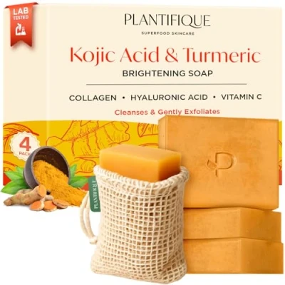Abbildung von PLANTIFIQUE Turmeric &amp; Kojic Acid Soap 4 Kurkuma Seife Stück Für Gesicht, Hyperpigmentierung Dunkle Flecken Mit Kojisäure, Kollagen, Vitamin C inklusive Seifensäckchen, 320 g