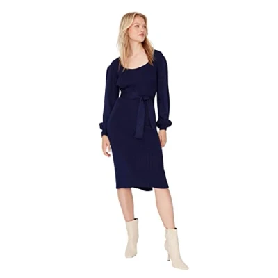 Abbildung von Trendyol Women&#039;s Woman Midi Bodycon Tiefer Rundhals Trikot Kleid Dress, Navy Blue, S