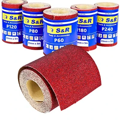 Abbildung von S&amp;R Schleifpapierrollen Set, 5 Schleifpapier Rollen 93 mm x m: Körnung P60, P80, P120, P180, P240, Schleifrollen zum Schleifen von Holz, Metall, Stahl, Edelstahl