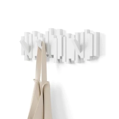 Abbildung von Umbra Stäbchen Garderobenhaken Moderne und Platzsparende Garderobenleiste mit 5 Beweglichen Haken für Jacken, Mäntel, Schals, Handtaschen Mehr, Weiss, 49 cm, Weiß