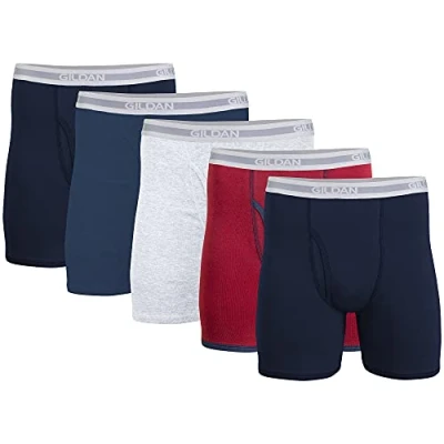 Abbildung von Gildan Herren Underwear Boxer Briefs, Multipack Retroshorts, Marineblau/Heather Navy/Sport Grey/Dot/Navy (5er Pack, Klassische Länge), Medium