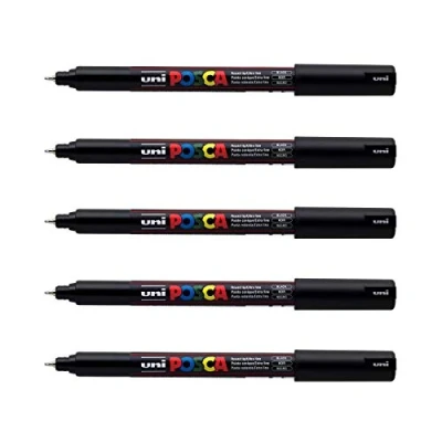 Abbildung von posca Uni Mitsubishi Pencil 5 schwarze Marker, PC1MR, extrafeine Spitze, 0,7 mm Farbmarker auf Wasserbasis für Papier, Textilien, Glas, Kieselsteine usw.