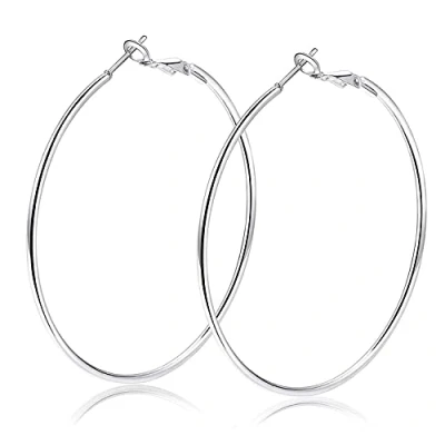 Abbildung von AURSTORE Damen Ohrringe, Creolen, Edelstahl, großer Reifen, modisch, Schmuck, Geschenke für Frauen, 50mm, Silber, Kein Edelstein