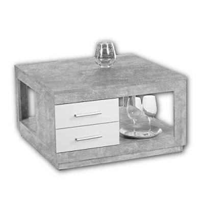 Abbildung von Stella Trading FESTIVAL Couchtisch mit zwei Schubladen in Beton Optik, Weiß geräumiger Sofatisch Ablage für Ihren Wohnbereich 80 x 46 cm (B/H/T)