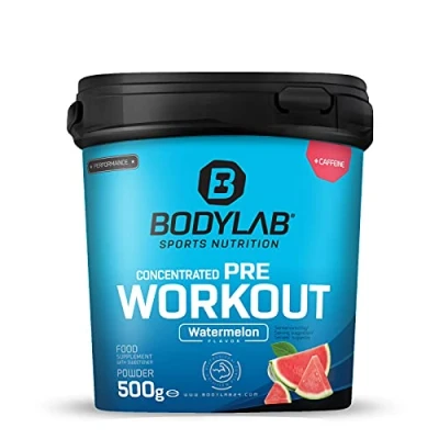 Abbildung von Bodylab24 Concentrated Pre Workout Booster Wassermelone 500g, Energy mit Kreatin, Beta Alanin, Arginin, Niacin und Koffein im optimalen Verhältnis für mehr Power Energie Training
