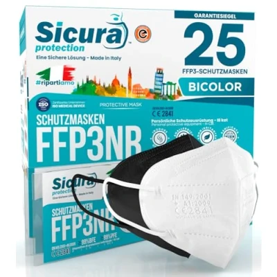 Abbildung von 25 ffp3 Masken CE zertifiziert Schwarz und Weiß Made in Italy BFE ≥99% PFE Logoaufdruck SICURA Italienisch sanitisiert einzeln versiegelt Maske 12 + 13