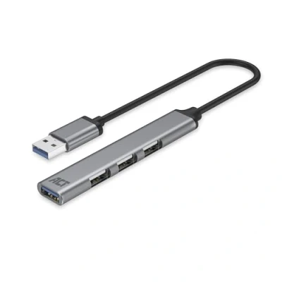 Abbildung von ACT USB Hub 3.0, 4 Ports, 1x 3.0 und 3X 2.0, Mehrfachstecker, Aluminum Gehäuse, Kabellänge 18cm, für PC, Laptop, Konsole AC6325