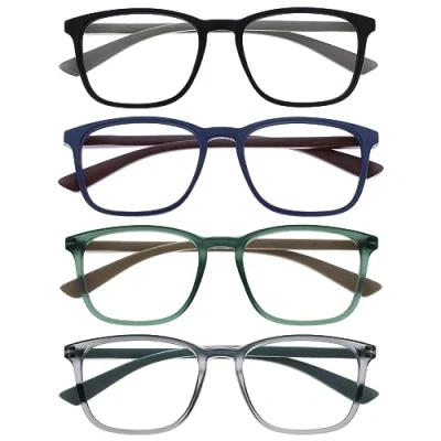 Abbildung von OPULIZE Max Lesebrille 4 Pack Klassische große rechteckige Fassung Brillen in mattem Schwarz, Blau, Grün &amp; Grau Herren Damen Unisex RRRR78 1367 +2,00