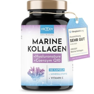 Abbildung von Premium Marine Kollagen Kombo 1000mg + Q10, Hyaluronsäure, Kupfer, Mangan, Vitamine C, Zink &amp; Biotin tragen zur Erhaltung normaler Haut&amp;Haare bei; Made in Austria by VROODY Testergebnis SEHR GUT!