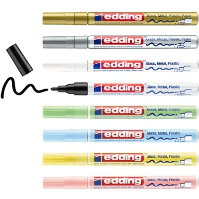 Abbildung von edding 751 Glanzlackmarker Set mehrfarbig, metallic, pastell 8 bunte Lackmarker Rundspitze 1 2 mm Lackstift für Glas, Stein, Holz, Kunststoff und Papier wasserfest, stark deckend