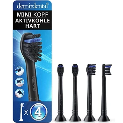 Abbildung von 4er demirdental Mini Aktivkohle Aufsätze passend für Philips Sonicare Ersatzbürsten, kleine Bürstenköpfe punktgenaue und natürliche Reinigung, Schwarz, Hart, entspricht HX4084b