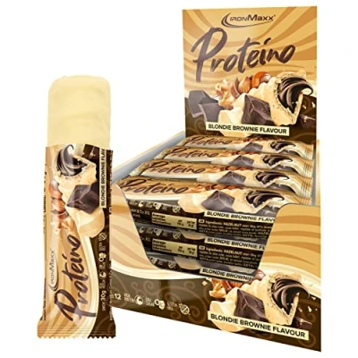 Abbildung von IronMaxx Proteino Proteinriegel Blondie Brownie 12 x 30g High Protein Bar auf Waffelbasis mit cremiger Füllung zuckerreduzierter Eiweißriegel glutenfrei und palmölfrei
