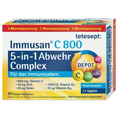 Abbildung von tetesept Immusan C 800 5 in 1 Depot Complex für das Immunsystem Nahrungsergänzungsmittel mit Vitamin C, D, B12, Zink und Selen x 90 Tabletten (3 Monatspackung)