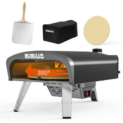 Abbildung von Mimiuo Gas Pizzaofen mit Drehfunktion für den Garten, Tragbarer Pizza Ofen Outdoor 33cm Runden Pizzastein und Pizzaschaufel, Schwarz (Globales Patent)
