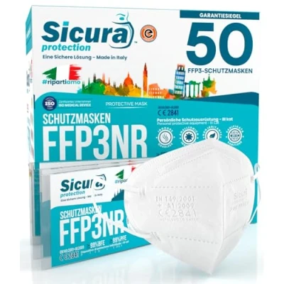 Abbildung von 50x FFP3 Maske CE Zertifiziert Filterklasse BFE ≥99% PFE Masken SANITIZIERTE und Einzeln versiegelte Atemschutzmaske Hergestellt verpackt in Italien