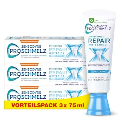 Abbildung von Sensodyne ProSchmelz Repair Whitening Zahncreme, 3x 75ml, tägliche Zahnpasta mit Fluorid, repariert nachweislich durch Säuren geschwächten Zahnschmelz &amp; entfernt Verfärbungen